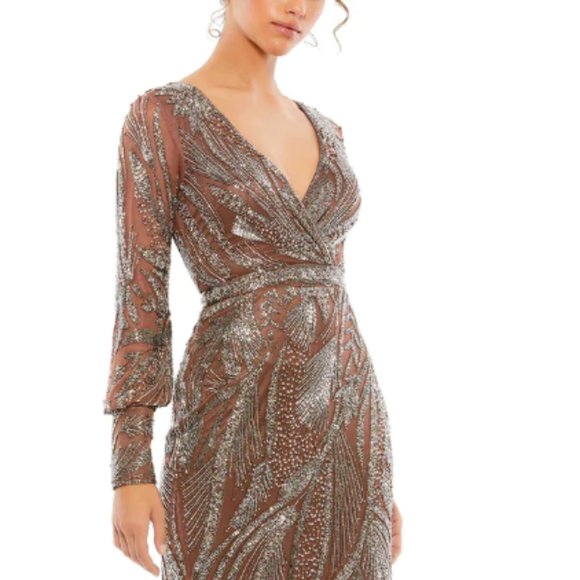 MAC DUGGAL BEADED LONG SLEEVE MOCHA MIDI COCKTAIL DRESS sz 2 - Picture 1 of 6